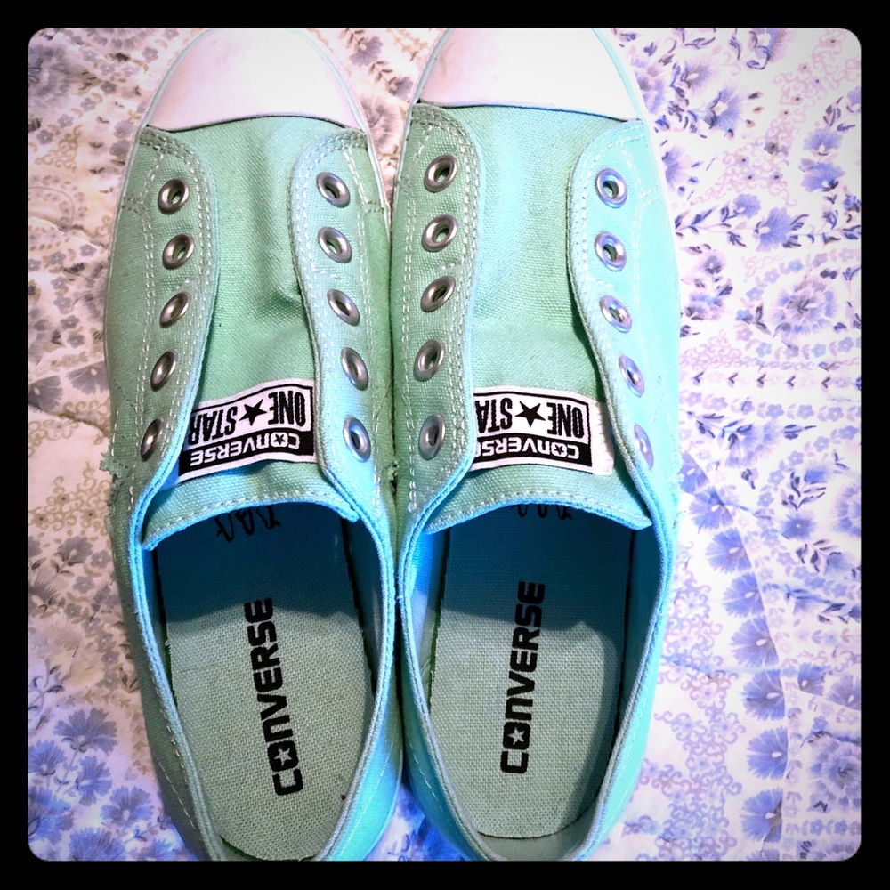 Mint green no lace slip on converse sneakers